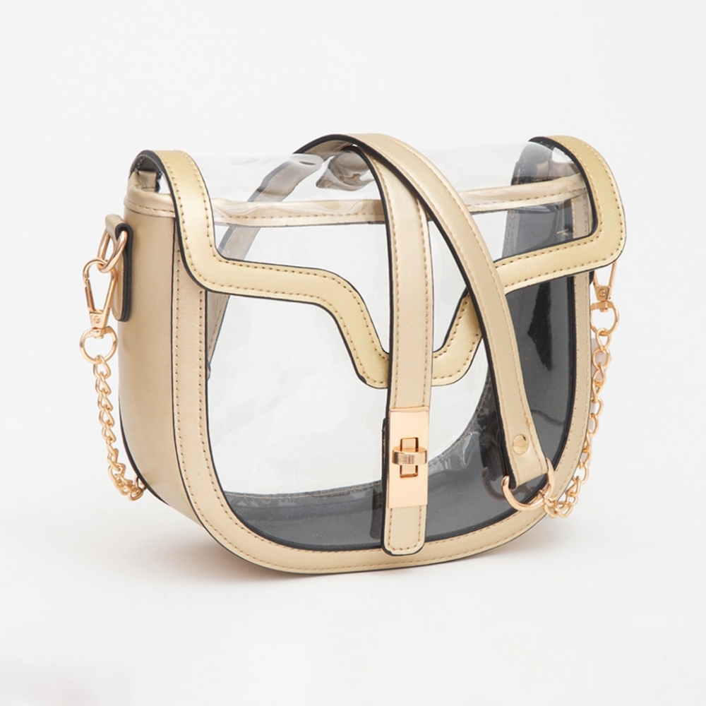 Gold Transparent Clear Saddle Bag Purse Shoulder Casual See Through